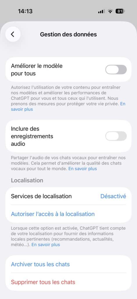 empêcher ChatGPT de collecter vos données sur application
