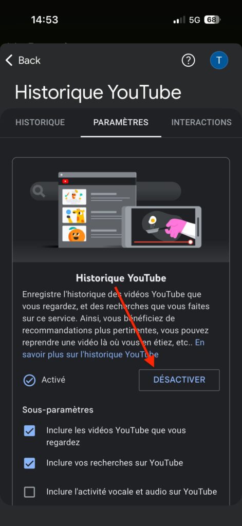 Désactiver historique YouTube sur iPhone