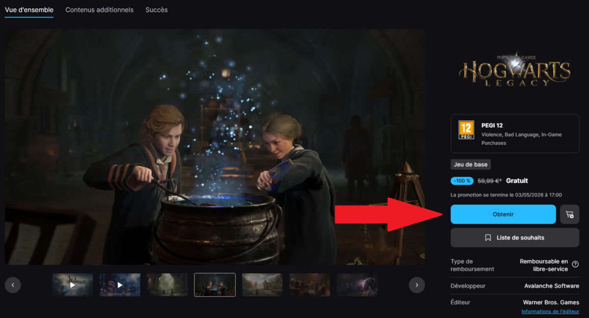 Hogwarts Legacy gratuit epic games store