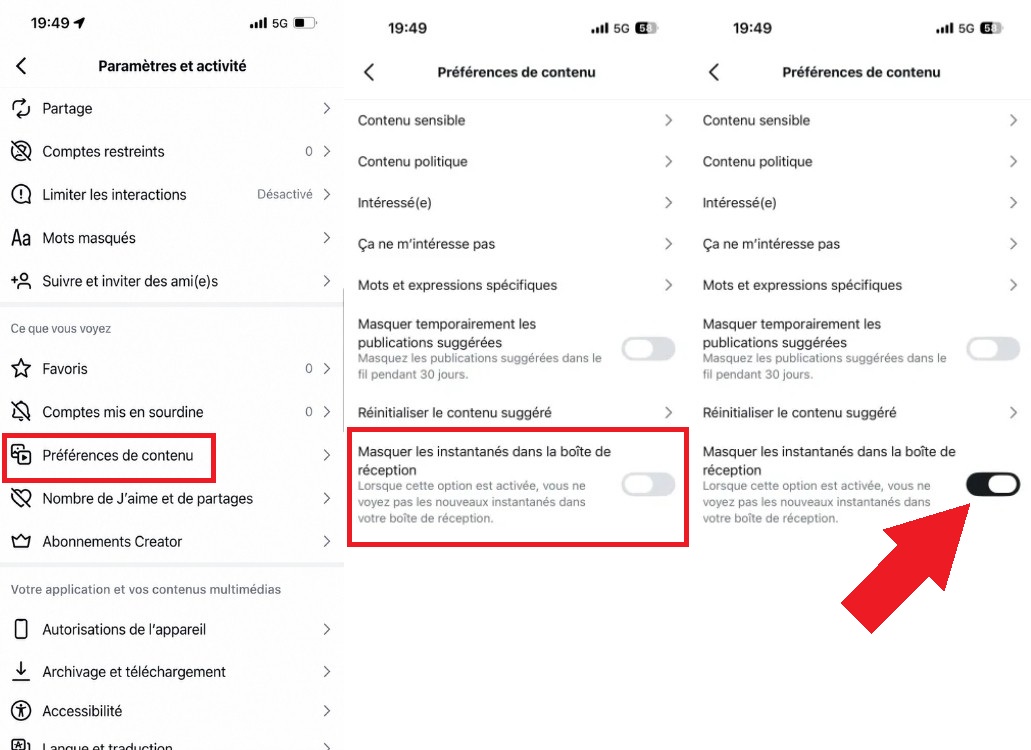 Instants Instagram désactiver