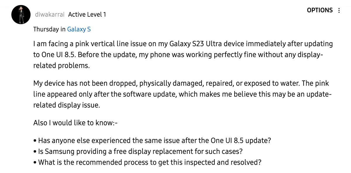 Samsung Galaxy S23 One UI 8.5 bug écran lignes vertes