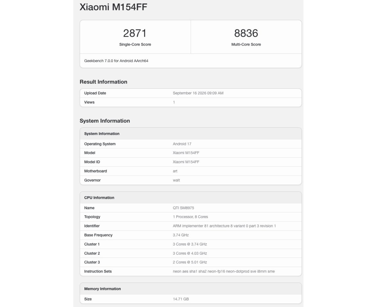 Xiaomi 18 Pro benchmark Geekbench Snapdragon 8 Elite Gen 6 Pro